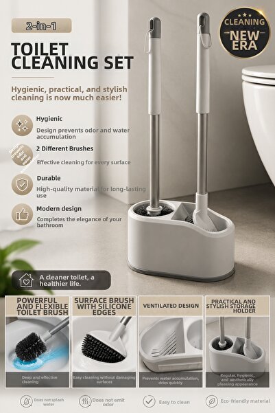 MAKRİ HOME Double Brush Wc Cleaning Set, White, Wall Mountable, 51 cm