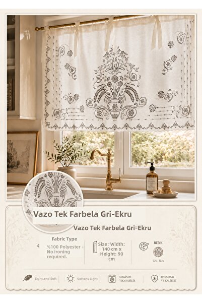 CASA NATURALE Vazo Embroidered Single Farbela Linen Look Tulle Curtain Gray-Ecru