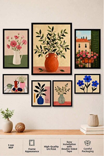 UNT Set de 7 tablouri MDF cu tematică botanică mediteraneană, cu aspect de ra...