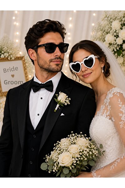 PARTİPORT Bride Groom Party Glasses Set Black Groom and White Heart Bride Gla...