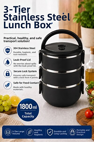 Sas Haus 3-Tier Stainless Steel Food Container 1800 ml Leak-Proof Portable Lu...