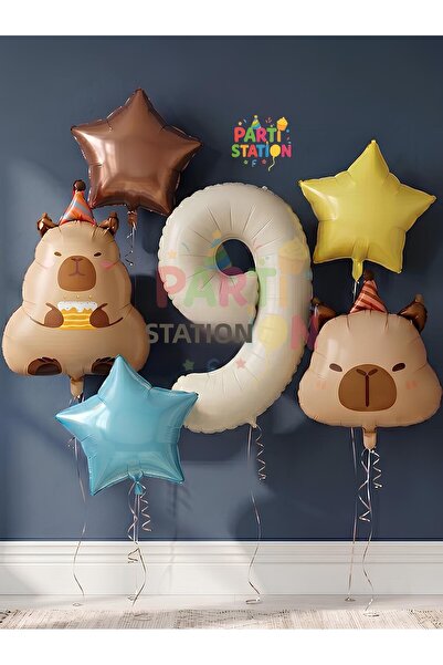 Parti Station Kapibara Concept 9Th Birthday Balloon Set 6 Pieces Capybara Bal...