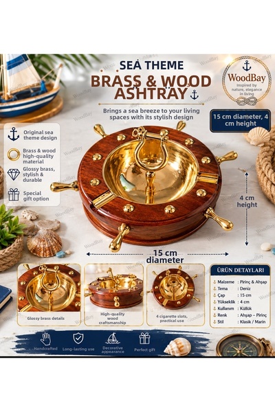 WoodBay Marine Themed Brass Wooden Ashtray 15 cm Marine Decor Ship Rudder Des...
