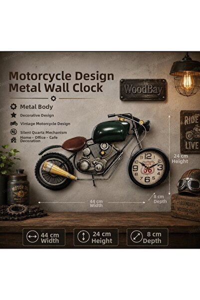 WoodBay Motorcycle Design Metal Wall Clock 44X24 cm Vintage Decorative Clock ...