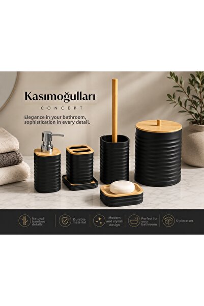 kasımoğulları concept Olivia 5 Piece Bamboo Detailed Luxury Bathroom Set – Black