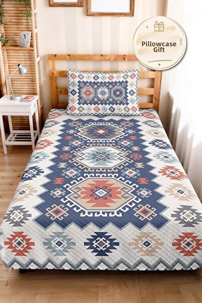 Evimde Bambaşka Ethnic Geometric Blue Pique Set - Bohemian Kilim Patterned Co...