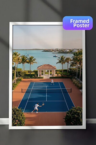 Postifull Poster cu teren de tenis și peisaj marin, poster înrămat alb, seria...