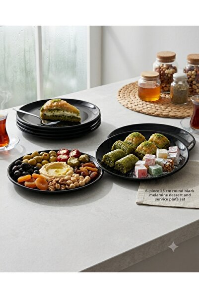 BİODATA 12 Pieces Black Round Melamine Cake and Serving Plates - 28 cm Casual...