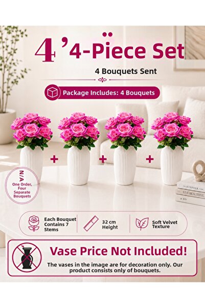 MD Aspiz Flowers 4 Bunches of Artificial Flowers 7-Piece Luxury Pink Velvet R...