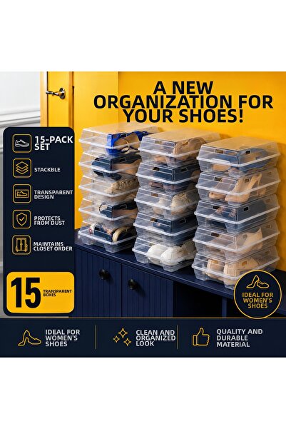 Nex10 15-Piece Transparent Women's Shoe Box |   Foldable Stackable Shoe Stora...
