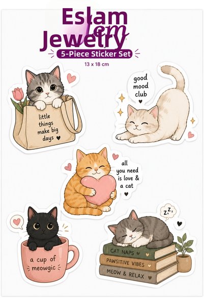 eslem bijuteri Cat Sticker Set – 5-Piece Waterproof Vinyl Stickers |   Laptop • Water Bottle • Phone • Food Container