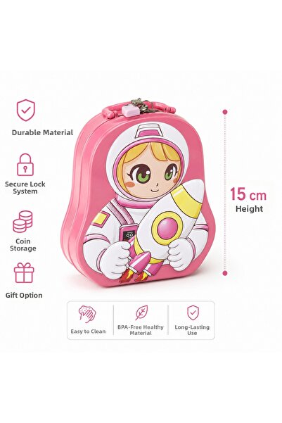 Prlk toys Astronaut Piggy Bank with Lockable Metal Money Box 15 cm Pink