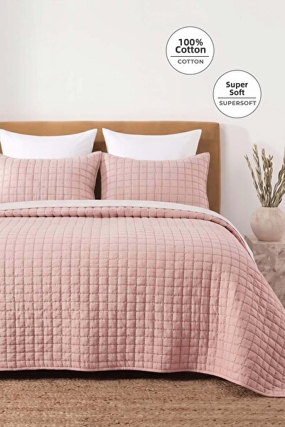 Evien Home Square Pattern Double Bed Cover Set 100% Cotton Stone Washed 3 Pie...