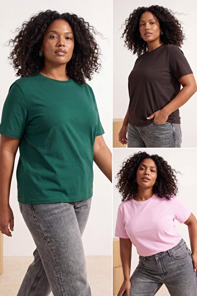 Trendyol Curve Brown-Pink-Green 3-Pack Large Size T-Shirts Tbbss25Bf00071