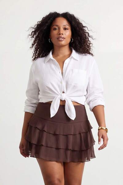 Trendyol Curve Brown Woven Plus Size Skirt Tbbss26Az00022