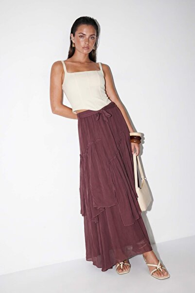 Drop by TrendyolMilla Dusty Rose Asymmetrical Layered Belted Long Chiffon Lin...