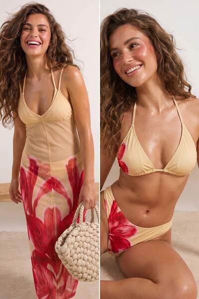 Trendyol Collection Set de bikini din 3 piese, cu talie joasă, cu imprimeu fl...