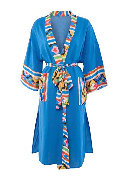 Trendyol Collection Saks Woven Oversize Maxi Shawl Collar Beach Kimono & Kaft...