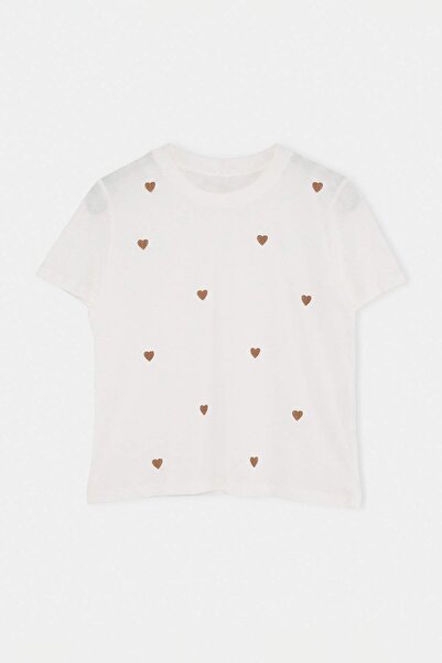 Trendyol Collection Ecru Heart Embroidered Regular Fit 100% Cotton Stretch Kn...