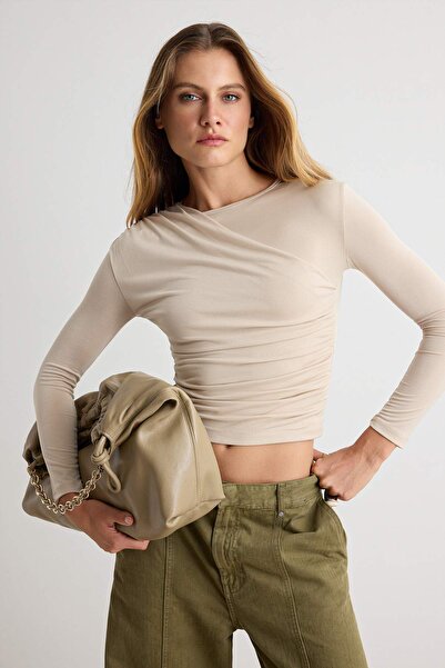 Trendyol Collection Stone Plain Fitted Crew Neck Standard Long Sleeve Sandy K...