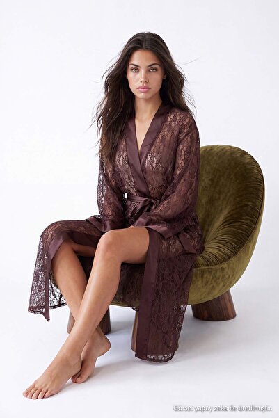 Trendyol Collection Brown Belted Satin Band Detailed Lace Knitted Dressing Go...