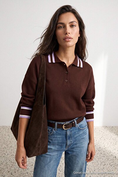 Trendyol Collection Pulover tricotat cu guler polo, în blocuri de culori maro...