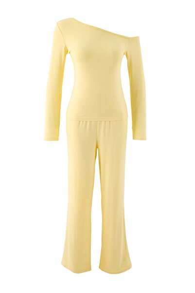 Trendyol Collection Yellow Viscose Blended Plain Viscose Ribbed Knitted Pajam...