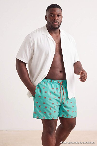 Trendyol Collection Mint Standard Size Crab Printed Large Size Swim Shorts Tm...
