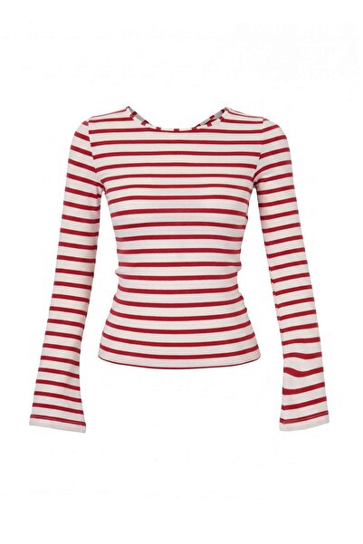 Trendyol Collection بلوزة محبوكة من الفيسكون مخططة باللون الأحمر وياقة دائرية...
