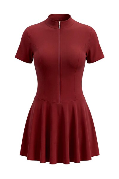 Trendyol Collection ملابس سباحة بتنورة مزينة بسحاب وتفاصيل مطرزة باللون الأحم...