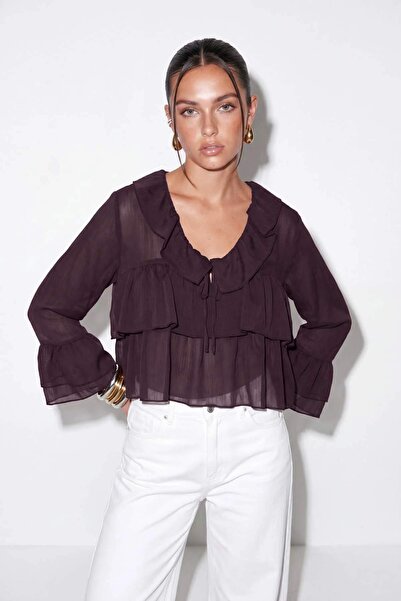 Drop by TrendyolMilla Plum Wide Collar Ruffled Transparent Blouse Tdrss26Bz00055