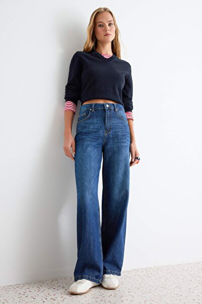 Trendyol Collection Dark Blue 100% Cotton High Waist Wide Leg Jeans Twoaw27Je...