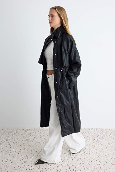 Trendyol Collection Black Stand Collar Elastic Waist Mono Closure Oversize Lo...
