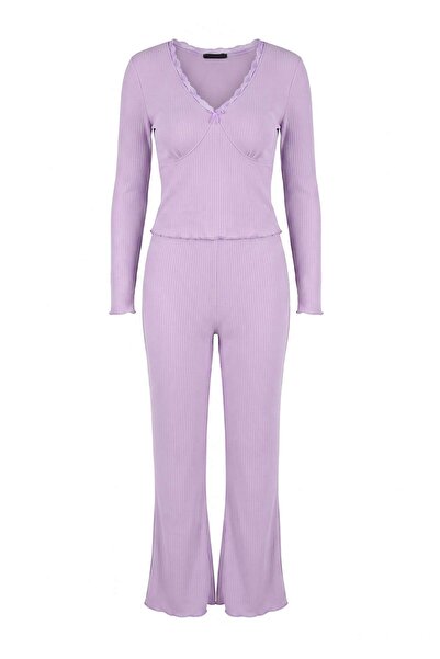 Trendyol Collection Lilac Lace Detailed Soft Tuşe Winter Ribbed Knitted Pajam...