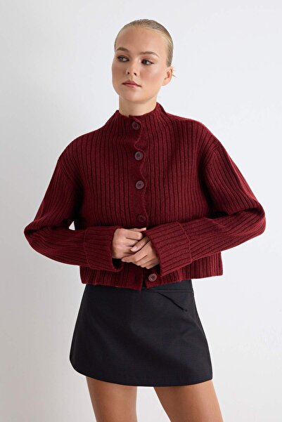 TRENDYOLMİLLA Bordo Crop Yumuşak Dokulu Dik Yaka Triko Hırka TWOAW22HI0174