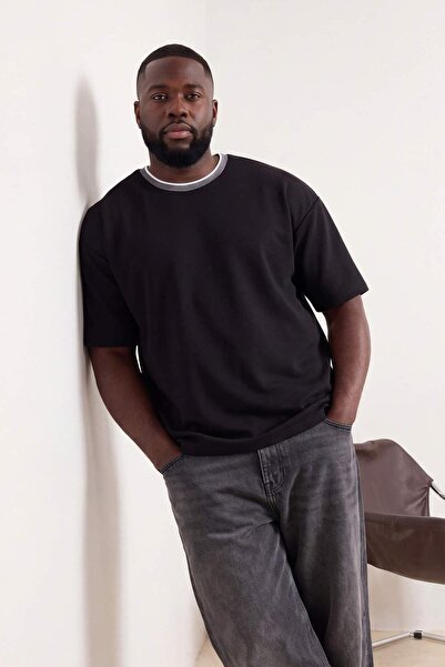 Trendyol Collection Large Size Black Oversize/Wide Cut Knitwear Banded Textur...