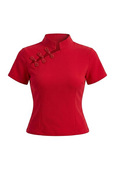 Trendyol Collection بلوزة حمراء مسطحة ومحبوكة بياقة هاكيوم وأزرار صينية من نو...