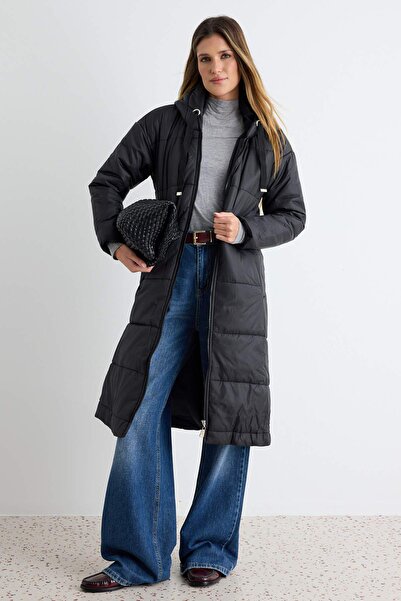 Trendyol Collection Black Regular Fit Hooded Water-Repellent Long Puffer Coat...