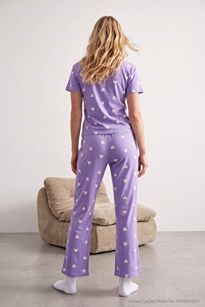 Trendyol Collection Lila 100% Cotton Heart Knitted Pajamas Set Thmaw27Pt00142