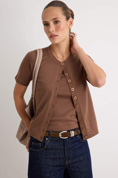 Trendyol Collection Brown Crew Neck 2-Piece Knitwear Blouse-Cardigan Twoss26H...