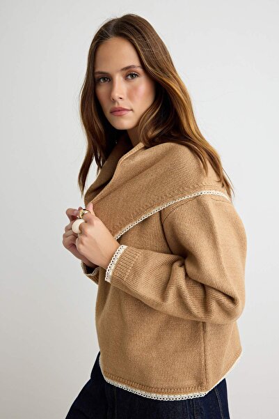 Trendyol Collection Camel Soft Textured Lace Detailed Crew Neck Shawl Knitwea...