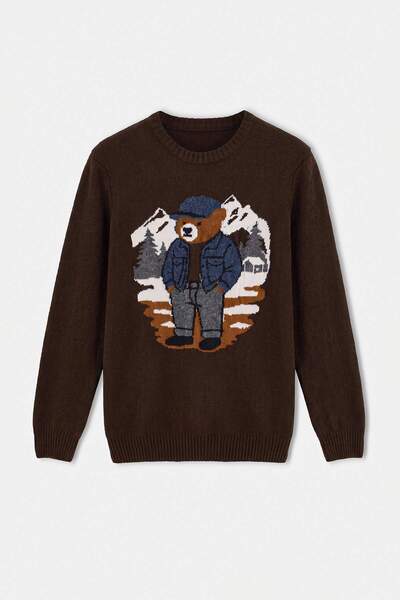 Trendyol Collection Dark Brown Regular Crew Neck Animal Print Sweatshirt Tmna...