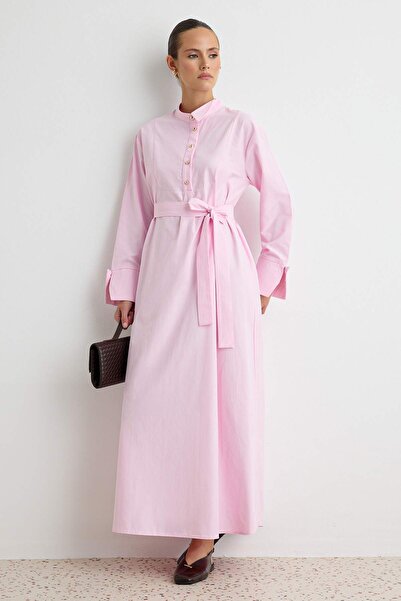 Trendyol Modest Powder Shiny Silver Button Detailed Unlined Maxi Cotton Woven...