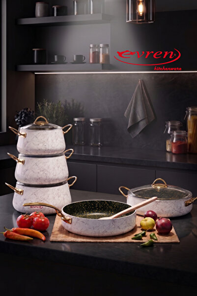 Evren 9 Parça Beyaz (White) Spider Tencere Seti Yapışmaz Taban