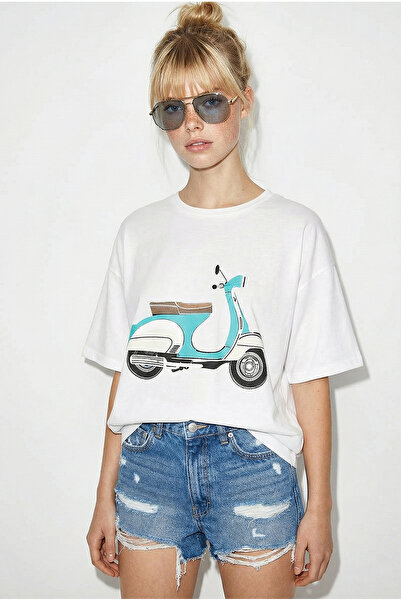 Bianco Lucci Kadın Scooter Baskılı Kısa Kollu Bisiklet Yaka Regular T-Shirt 3...
