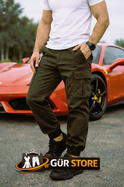 Gür Ανδρικό παντελόνι χακί Cargo με τσέπες και ελαστικό Lycra στη μέση