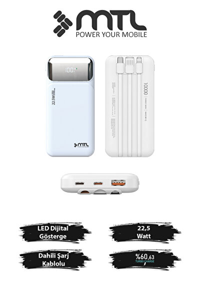 MTL 10000 mAh 22.5W Süper Hızlı Şarj Dahili Kablolu Dijital LED Göstergeli PD...