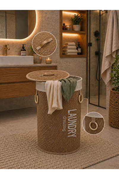 ALLEGRI Bambu Yuvarlak Naturel Modern Kirli Çamaşır Sepeti Laundry Dressing K...
