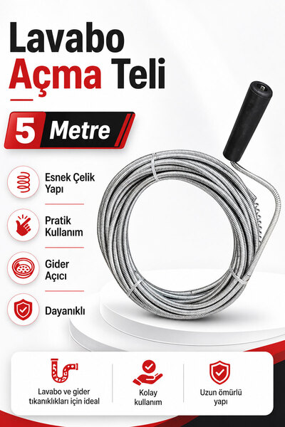 Badem10 Lavabo Klozet Gider Açma Teli Tıkanık Açıcı Tel 5 mt