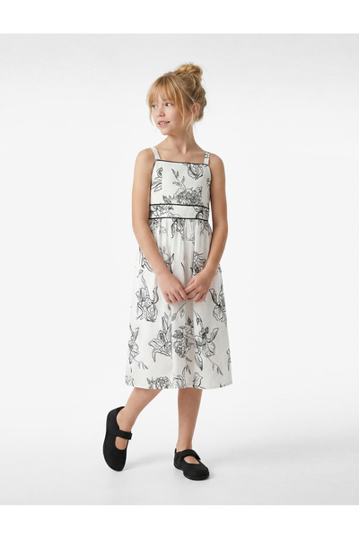 Koton Βαμβακερό φλοράλ φόρεμα μίντι με τετράγωνο λαιμό και φαρδιά γραμμή